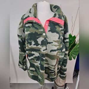 J Crew - Camouflage Sherpa Jacket with Coral Accents - XL